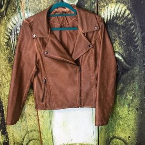 Women’s faux leather camel moto jacket